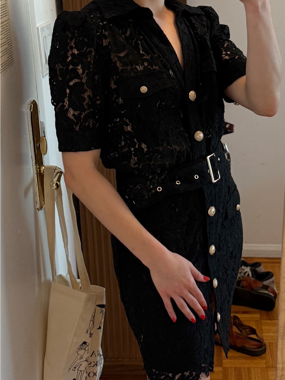 Generation Love Black Lace Button-Front Belted Midi Dress